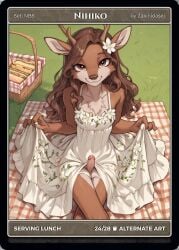 ai_generated antlers brown_eyes brown_eyes_female brown_hair brown_hair_female brunette brunette_female cartoon clothing crossed_legs crossed_legs_(sitting) daytime dress dress_lift elk erection exposed_penis femboy flower_dress flower_in_hair fluffy_chest furry furry_female grass lifting_dress long_brown_hair long_hair nihiko outdoors penis picnic picnic_basket picnic_blanket seductive_expression seductive_eyes seductive_look smile solo trading_card trans_woman wavy_hair white_dress zakinidasej