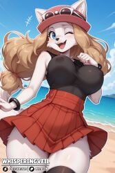 1female 1girls 2026 2026s ai ai-created ai_art ai_assisted ai_generated alternate_species anthro anthro_female anthrofied artist_name beach beach_background big_breasts black_clothing black_legwear black_shirt black_stockings black_thigh_highs black_thighhighs black_topwear blonde-haired_female blonde_female blonde_hair blonde_hair_female blue_eyes blue_sky blush boots breasts canid canine canis clothed clothing cloud clouds day daytime detailed_background deviantart dialogue_in_description ears english english_text eyebrows eyelashes female female_anthro female_focus female_fox female_only footwear fox fox_ears fox_girl fox_humanoid fox_tail foxgirl fur furrification furry furry_female game_freak gen_6_pokemon generation_6_pokemon glasses_on_hat hair hat headgear headwear high_quality high_resolution highres illustrious_(stable_diffusion) legwear long_blonde_hair long_hair looking_at_viewer mammal nintendo nipples no_humans ocean one_eye_closed open_mouth open_smile outdoors outside pokemon pokemon_(anime) pokemon_(classic_anime) pokemon_(game) pokemon_trainer pokemon_xy pony_diffusion_(model) pony_diffusion_xl red_hat red_headgear red_headwear red_skirt sand sea self_upload serena_(pokemon) serena_(pokemon_games) shirt skirt sky smile smiling smiling_at_viewer solo solo_female solo_focus stable_diffusion standing stockings sunglasses sunglasses_on_hat sweat sweat_on_face sweatdrop sweatdrops sweating tail teeth text thick_thighs thighhighs thighs tongue topwear video_games vixen water whisperingveil white_body white_fur white_tail wide_hips