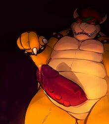 1boy bowser bracelet chubby claws dark erection fangs glowing glowing_eyes hair heart horn jewelry koopa leaking looking_at_viewer male male_only mario_(series) nintendo penis pig_(artist) pointing precum presenting red_eyes scalie slit smile solo standing vein yellow_skin