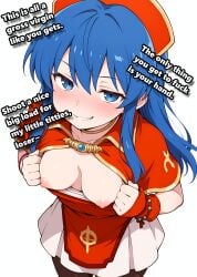 1female 1girls ai_generated black_leggings black_stockings blue_eyes blue_hair blush breasts caption clothes_pull female fire_emblem flashing flashing_breasts flashing_viewer from_above girl goon.addct goon_caption humiliation jerk_off_instructions leggings lilina_(fire_emblem) long_hair looking_at_viewer mage medium_breasts naughty_face nipples petite pulling_own_clothes red_dress red_hat small_breasts solo sorceress standing stockings talking_to_viewer teasing teasing_viewer text white_background young young_female