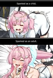 1boy =_= absurdres adoptive_parent_and_adoptive_child aemeath_(wuthering_waves) aemeath_(young)_(wuthering_waves) ahoge ass ass_ripple bilingual_text black_gloves blush bonz0616 commentary crying dress drooling emphasis_lines english_commentary english_text father_and_child father_and_daughter female gloves grabbing_another's_hair hair_ornament highres holding_another's_hair inseki leotard male_rover_(perpetual_spark)_(wuthering_waves) male_rover_(wuthering_waves) medium_hair mixed-language_text mole mole_on_shoulder open_mouth parent_and_child peanut_mouth pink_eyes pink_hair rolling_eyes rover_(wuthering_waves) runny_nose short_twintails smile snot spanked spanking spasm sweat tongue tongue_out twintails white_dress white_leotard wuthering_waves