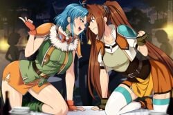 2girls anger_vein angry arm_support armor belt boots breasts eiyuu_densetsu estelle_bright eye_contact female female_only fingerless_gloves gloves josette_capua light_blush lindaroze looking_at_another medium_breasts multiple_girls open_mouth orange_skirt rival shoulder_armor sideways_mouth skirt smile sora_no_kiseki table thick_thighs thighhighs trails_in_the_sky twintails