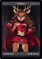ai_generated angry_expression antlers brown_eyes brown_eyes_female brown_hair brown_hair_female brunette brunette_female cape cartoon clenched_fist clothing determined elk erection femboy fighting_pose fighting_stance furry furry_female gloves long_brown_hair long_hair nihiko penis red_cape red_clothing red_gloves red_skirt skirt solo superheroine thighs trading_card trans_woman upset wavy_hair zakinidasej