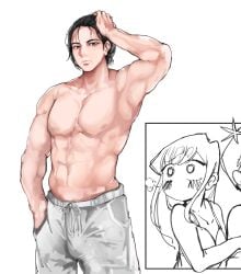 1girl 1girl2boys 1girls 2boys 2boys1girl abs admiring biceps black_and_white black_eyes black_hair blush blushing bulge bulge_through_clothing bulge_under_clothes cheating closed_mouth clothed clothed_female clothed_male couple dress eyebrows_raised fit fit_male generic_character generic_male hand_in_pocket hand_on_head hugging_partner japanese_female japanese_male komi-san_wa_komyushou_desu komi_can't_communicate komi_shouko light-skinned_male light_skin long_hair looking_at_another mamimi_(artist) mamimi_(mamamimi) mouth_closed muscular muscular_male netorare ntr outline pants penis_outline raised_eyebrows short_hair simple_background tadano_hitohito trunks turning_head white_background white_pants