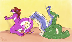 2012 against_wall anal anal_insertion anal_sex anal_vore anthro balls blue_scales brown_hair claws closed_eyes dragon english_text firondraak flaccid goo green_scales group hair horn humanoid_penis imminent_vore insertion kalnareff kalnareff_(character) kneeling long_hair male nude penetration penis purple_scales scalie teeth text toe_claws tongue tongue_out vore white_scales yaoi