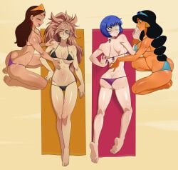 4girls aladdin aladdin_(1992_disney_film) anoneysnufftan applying_sunscreen arabian arching_back baiken barefoot beach beach_towel bikini black_hair blue_hair breasts brown_hair clenched_teeth closed_eyes crossover dark-skinned_female dark_skin disney disney_princess double_date earrings eastern_and_western_character embarrassed eyepatch female female_only green_eyes guilty_gear headdress humiliation ikkitousen imminent_death jewelry killer_lotion kneeling laughing laying_on_back laying_on_stomach long_hair massage murder navel on_back on_knees peril princess_jasmine princess_yum_yum punishment red_hair rubbing ryomou_shimei sand shiny_skin short_hair sitting snuff summer sunbathing swimsuit the_thief_and_the_cobbler_(film) towel viewed_from_above