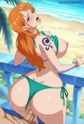 1boy 1girls ai_generated aimisaka anus arm_tattoo ass beach bikini bikini_bottom_aside bikini_top_lift blue_tattoo blush bracelet breasts clothes_lift clothing_aside day female from_behind green_bikini large_breasts long_hair looking_back male nami_(one_piece) nipples ocean one_piece open_mouth orange-haired_female orange_eyes orange_hair outdoors palm_tree penis pov pussy saliva saliva_trail sand sex_from_behind shoulder_tattoo side-tie_bikini_bottom solo_focus standing_sex tattoo teeth tongue tongue_out tree uncensored veins veiny_penis