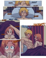 1boy 1girls bedroom blonde_hair blowjob blowjob_under_sheets blue_eyes bruntgonewrong comic dorm english_text fellatio fellatio_under_sheet female ginger_hair goneawful jaune_arc male nora_valkyrie penis rooster_teeth rwby saliva saliva_on_penis sound_effects text viz_media