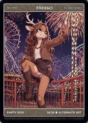 ai_generated amusement_park amusement_ride antlers balls ballsack boots brown_boots brown_eyes brown_eyes_female brown_hair brown_hair_female brown_jacket brown_skirt brunette brunette_female cartoon cellphone clothing elk exposed_penis femboy furry furry_female happy jacket knees leg_raise leg_raised long_brown_hair long_hair night night_sky nighttime nihiko penis railing raised_leg selfie_pose shirt_under_jacket skirt smile solo thighs trading_card trans_woman wavy_hair white_topwear zakinidasej