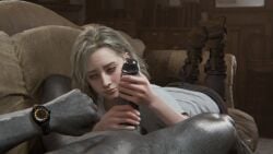 grace_ashcroft resident_evil_9:_requiem resident_evil tyrant large_penis penis blonde_hair grey_eyes clothed clothed_female_nude_male bluelight watch blush blushing pov couch couch_sex looking_away handjob two_handed_masturbation