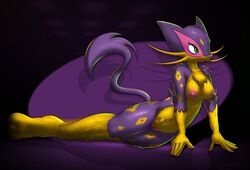 2014 anthro anthrofied breasts chest_tuft edit elpatrixf feline female fur green_eyes hair large_breasts liepard long_hair mammal nintendo nipples nude pink_nipples pokemon pokemorph purple_fur pussy solo tuft