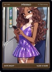 ai_generated brown_eyes brown_eyes_female brown_hair brown_hair_female brunette brunette_female cartoon cellphone clothing dress elk femboy furry furry_female glitter_dress long_brown_hair long_hair nihiko penis public_transportation purple_dress solo sparkling_dress subway tail trading_card train trans_woman wavy_hair zakinidasej