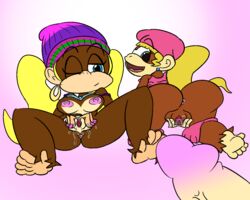 2girls anthro ape areola ass barefoot blonde_hair blue_eyes breasts brown_fur clothed clothes dixie_kong donkey_kong_(series) female fur gaping gaping_pussy hair hoop_earrings kong mammal multiple_girls nintendo piercing ponytail primate pussy siblings sister spread_legs spreading thunderfap tied_hair tiny_kong twintails video_games wink