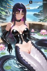 1girls ai_generated aksole83 bare_pussy bath bathing big_breasts black_hair choker female hair_accessory lamia latex latex_corset latex_gloves laying_down monster_girl purple_hair shaved_pussy slit_pupils snake_girl solo tail water yellow_eyes