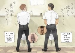 2018 2boys ass balls bar_censor black_hair blush brown_hair censored flaccid foreskin gay japanese_text male male_only original peeing peero penis pubic_hair student text translation_request uncircumcised urinal urine yaoi