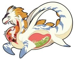 absurd_res ambiguous_gender anthro bandai_namco belly blue_eyes blush bodily_fluids bone bones_in_stomach brown_hair bulge canid canine chyme digestion_implied digimon digimon_(species) drooling duo ferox_(feroxdoon) fox fur green_eyes hair head_first hi_res implied_fatal internal larger_pred looking_at_self male male/ambiguous mammal neck_bulge nonbinary_(lore) one_eye_closed open_mouth oral_vore orange_body orange_fur organs pawpads paws perlibox plesiomon predator/prey raised_tail red_body red_fox red_fur saliva satisfied satisfied_look size_difference skull soft_vore squirming stomach stomach_acid stripes struggling struggling_prey swallowed swallowed_alive swallowing tail true_fox unwilling_prey vore white_body white_fur willing_pred