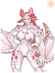 2015 basarios breasts capcom claws crystal female flying_wyvern gemstone iggi looking_at_viewer monster_hunter monster_hunter_4 muscles muscular_female nipples nude pink_nipples pink_scales plain_background pussy red_eyes rock ruby_(gem) ruby_basarios scalie smile solo video_games white_background wings