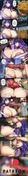 1boy 1girl absurd_res ahegao ai_generated animal_genitalia animal_penis areolae ass balls balls_deep ballsack big_ass big_balls big_breasts big_penis blowjob breasts breasts_bigger_than_head breasts_out comic cum cum_in_mouth cum_inside cum_on_body cum_on_face deepthroat drooling english english_text erection fur futanari genshin_impact goonie_bear gorou_(genshin_impact) highres huge_breasts huge_penis kemonomimi knot large_penis multiple_views onomatopoeia oral oral_penetration oral_sex paizuri patreon patreon_exclusive penis purple_hair raiden_shogun rolling_eyes saliva sex size_difference speech_bubble sweat tail taller_female testicles text titfuck tongue_out veiny veiny_penis
