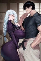 1boy ai_generated ass big_ass big_breasts big_butt big_thighs black_hair black_shirt blushed_face braided_hair breasts confident_smile dress_lift erection_under_clothes face_to_face female handsome_man jujutsu_kaisen lips long_hair mei_mei_(jujutsu_kaisen) muscular_arms muscular_male nails nails_painted sexy sexy_body sexy_female strong_male tall_male toji_fushiguro violet_dress white_hair