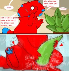 aloe_vera anthro balls bodily_fluids fan_character genitals improvised_sex_toy male multicolored_body nakeilyar objectophilia pawpads plant sweat text wilt_(nakeilyar)
