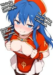 1female 1girls ai_generated black_leggings black_stockings blue_eyes blue_hair blush bratty breasts caption clothes_pull female fire_emblem flashing flashing_breasts flashing_viewer from_above girl goon.addct goon_caption humiliation leggings lilina_(fire_emblem) long_hair looking_at_viewer mage medium_breasts naughty_face nipples petite pulling_own_clothes red_dress red_hat small_breasts solo sorceress standing stockings talking_to_viewer teasing teasing_viewer text white_background young young_female