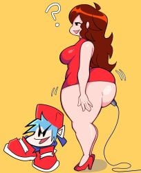 1boy 1girls ass_peek asscheeks auburn_hair big_ass big_breasts boyfriend_(friday_night_funkin) breasts bubble_butt clueless clueless_female dress fat_ass friday_night_funkin girlfriend_(friday_night_funkin) hourglass_figure hourglass_figured_female huge_ass long_hair meme_attire microphone_in_ass murox78 round_ass small_dress thick_thighs thighs