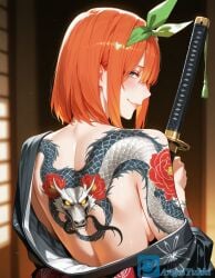 ai_generated angel_yukkis ass big_ass big_breasts breasts curvy_figure go-toubun_no_hanayome nakano_yotsuba night oppai room sexy_female sexy_pose yakuza yakuza_tattoo