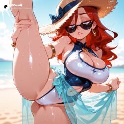 1girls absurd_res absurdres ai_generated armlet ass bangle bare_shoulders beach big_ass big_breasts blue_eyes blue_sky blurred_background blurry blurry_background bow bracelet breasts cartoon cartoony cleavage cleavage_cutout clothing_cutout cloud day depth_of_field earrings female female_focus hair_between_eyes hat hat_bow hi_res high_quality high_resolution highleg highleg_swimsuit highres hoop_earrings jewelry kneepits large_ass large_breasts league_of_legends leg_lift leg_up lips long_hair looking_at_viewer looking_over_eyewear miss_fortune navel navel_cutout ocean odexai one-piece_swimsuit outdoors parted_lips red_hair red_lips sarong shiny_skin sky small_waist solo solo_focus split standing standing_on_one_leg standing_split straight straw_hat sun_hat sunglasses sweat swimsuit thick_thighs thighs thin_waist water wet white_one-piece_swimsuit wide_hips