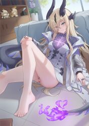 absurdres anus arknights artist_name ass bar_censor bare_legs black_horns black_shirt blonde_hair bottomless censored censored_anus censored_pussy character_doll collared_shirt commentary_request doll dress female fire flame-tipped_tail glowing_markings green_eyes highres horns indoors jacket jewelry long_hair lying necrass_(arknights) no_panties on_floor pointless_censoring pussy reclining ring shirt sktre12 smile solo tail white_dress white_jacket