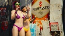 2girls 3d 3dcg absurd_res alternate_outfit bare_legs bare_shoulders black-haired_female black_hair_female blush cleavage collarbone edited_screencap female female_only game_cg grand_theft_auto grand_theft_auto_online gta_online_female_character high_res highres lesbians mattiejas navel peace_sign red-haired_female rockstar_games small_breasts standing summer twintails yuri