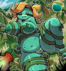 aitherheart anthro areola big_areola big_breasts bodily_fluids breasts detailed_background female genitals goo_creature goo_hair green_eyes hi_res inverted_nipples looking_at_viewer nipples plant plant_tentacles pseudo_hair slightly_chubby slime_(slime_rancher) slime_rancher solo tangle_slime tentacle thick_thighs vulva