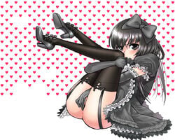 1boy androgynous anus black_eyes black_hair blush bow canon_crossdressing covering covering_crotch crossdressing elbow_gloves femboy garter_straps girly gloves gothic_lolita hairbow high_heels legs_up lolita_fashion long_hair male moyashimon sabota sitting solo solo_male thighhighs trap yuuki_kei