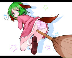 animal_ears ass bamboo_broom blush broom clothed_masturbation clothing cute_fang dress female femcum_under_clothes green_eyes green_hair highres kyouko_kasodani masturbation masturbation_through_clothing open_mouth panties pussy_juice sakechazuke short_hair solo striped striped_panties tail touhou underwear