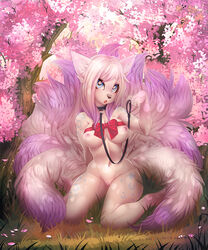 2015 anthro blue_eyes canine collar cute deymos female fox fur hair iskra leash mammal multiple_tails nude pink_fur pink_hair pussy ribbons solo