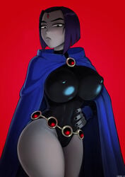 1girls 2019 alternate_breast_size artist_name bare_thighs belly_button belly_button_visible_through_clothing belt big_breasts black_nail_polish black_nails breasts casual cleavage cloak clothing curvy curvy_body curvy_female curvy_figure curvy_hips curvy_thighs dc dc_comics dcau disgusted erect_nipples female female_only fit_female forehead_jewel frown gem gem_on_forehead grey_skin half-closed_eyes hand_on_hip handwear hips huge_breasts human impossible_clothes large_breasts leotard looking_at_viewer navel nipple_bulge nipple_outline nipples outerwear pokies purple_hair rachel_roth raven_(dc) red_background shadman short_hair simple_background smooth_skin solo teen_titans text thick_thighs thighs thin_waist tight_clothing url watermark wide_hips