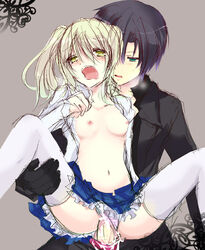 1boy aqua_eyes black_hair blonde_hair breasts cum cum_in_pussy elize_lutus female flat_chest frills gloves green_eyes grey_background navel open_mouth panties panties_aside pants pussy sex short_hair skirt socks suit tales_of_(series) tales_of_xillia tales_of_xillia_2 tears thigh_socks thighhighs tied_hair twintails vaginal_penetration vaginal_sex victor_(tales) white_socks