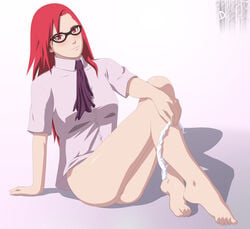 1girls accurate_art_style ass barefoot big_ass blush bottomless darkalx eyebrows eyelashes feet female female_only flat_chest glasses human legs looking_at_viewer naruto panties panties_down red_eyes red_hair shiny shiny_skin simple_background sitting smile solo stiky_finkaz tie toes uzumaki_karin white_panties