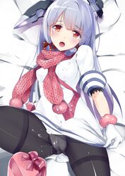 after_sex bangs black_legwear blunt_bangs blush cameltoe cum cum_on_clothes dress female gloves hair_ribbon headgear henet_hene kantai_collection long_hair looking_at_viewer murakumo_(kantai_collection) open_mouth panties panties_under_pantyhose pantyhose red_eyes ribbon sailor_dress scarf short_dress silver_hair small_breasts solo thighband_pantyhose underwear valentine white_gloves