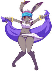 barefoot bottomless breasts clothed clothing dancing female fur grey_fur hair half-dressed higoro kemono lagomorph lyra_(pop'n_music) mammal one_eye_closed pop'n_music rabbit red_eyes white_hair