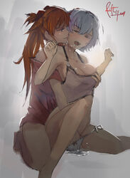 2girls asuka_langley_sohryu blue_hair breast_grab breasts cleavage clothing fingering hand_in_another's_panties hand_in_panties large_breasts long_hair multiple_girls neon_genesis_evangelion open_mouth panties pussy_juice pussy_juice_puddle red_hair rei_ayanami riftgarret saliva saliva_trail short_hair yuri