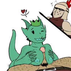 big_breasts claws deadbrainnsfw female heart knight_(towergirls) kobold_princess_(towergirls) larger_male male paizuri scalie shortstack size_difference smaller_female straight towergirls