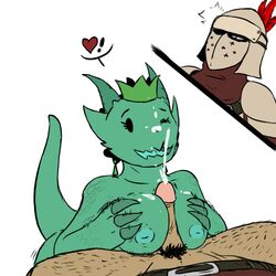 after_paizuri big_breasts claws cum cum_on_breasts cum_on_face deadbrainnsfw female furry heart knight_(towergirls) kobold_princess_(towergirls) larger_male male open_mouth paizuri shortstack size_difference smaller_female straight towergirls