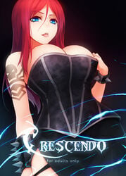 1girls bare_shoulders blue_eyes breasts cleavage cover cover_page female female_only highres kerasu large_breasts league_of_legends long_hair looking_at_viewer pentakill_series pentakill_sona red_hair ricegnat smile solo sona_buvelle spikes tattoo tongue tongue_out