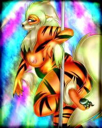 abstract_background anthro arcanine ass breasts canine dancing fluffy_tail fur furry pokemon pokemon_(species) pole pole_dancing pussy setsukaaiko stripes