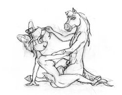 1boy 1girls 2008 animal_penis anthro bonkers crossover disney dreamworks equine fawn_deer female furry hooves horse_tail long_hair_male male mane medium_breasts monochrome nipples nude penis rough_sketch semi-erect sheath sketch spirit:_stallion_of_the_cimarron spirit_(character) uncolored