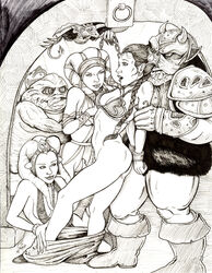 2006 areola arm_grab bottomless braid breasts cleavage docredfield earrings female fishnet forced forced_exposure gamorrean greyscale holding human hutt jabba's_palace jabba_the_hutt kowakian_monkey-lizard lucasfilm lyn_me male mesh metal_bikini monochrome multiple_boys multiple_girls nipples nudity oola princess_leia_organa return_of_the_jedi salacious_crumb see-through side_view slave slave_bikini slave_leia star_wars tatooine twi'lek undressing undressing_another