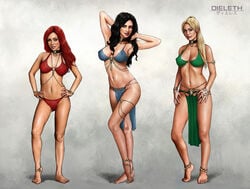 3girls bikini black_hair blonde_hair cleavage dieleth female loincloth long_hair multiple_girls red_hair standing