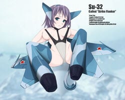 ace_combat airplane blue_eyes breasts jet large_breasts mecha_musume military ne_hostler one-piece_thong purple_hair short_hair strike_flanker su-32 tail text