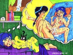 1990s 1998 20th_century akane_tendo bed blue_hair closed_eyes creisy_bird female male masturbation p-chan pig ranma-kun ranma_1/2 ranma_saotome ryoga_hibiki short_hair