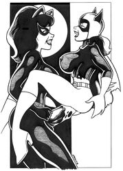 2008 2girls barbara_gordon batgirl batman_(series) catwoman dc_comics female female_only frank_strom monochrome multiple_girls selina_kyle strap-on yuri